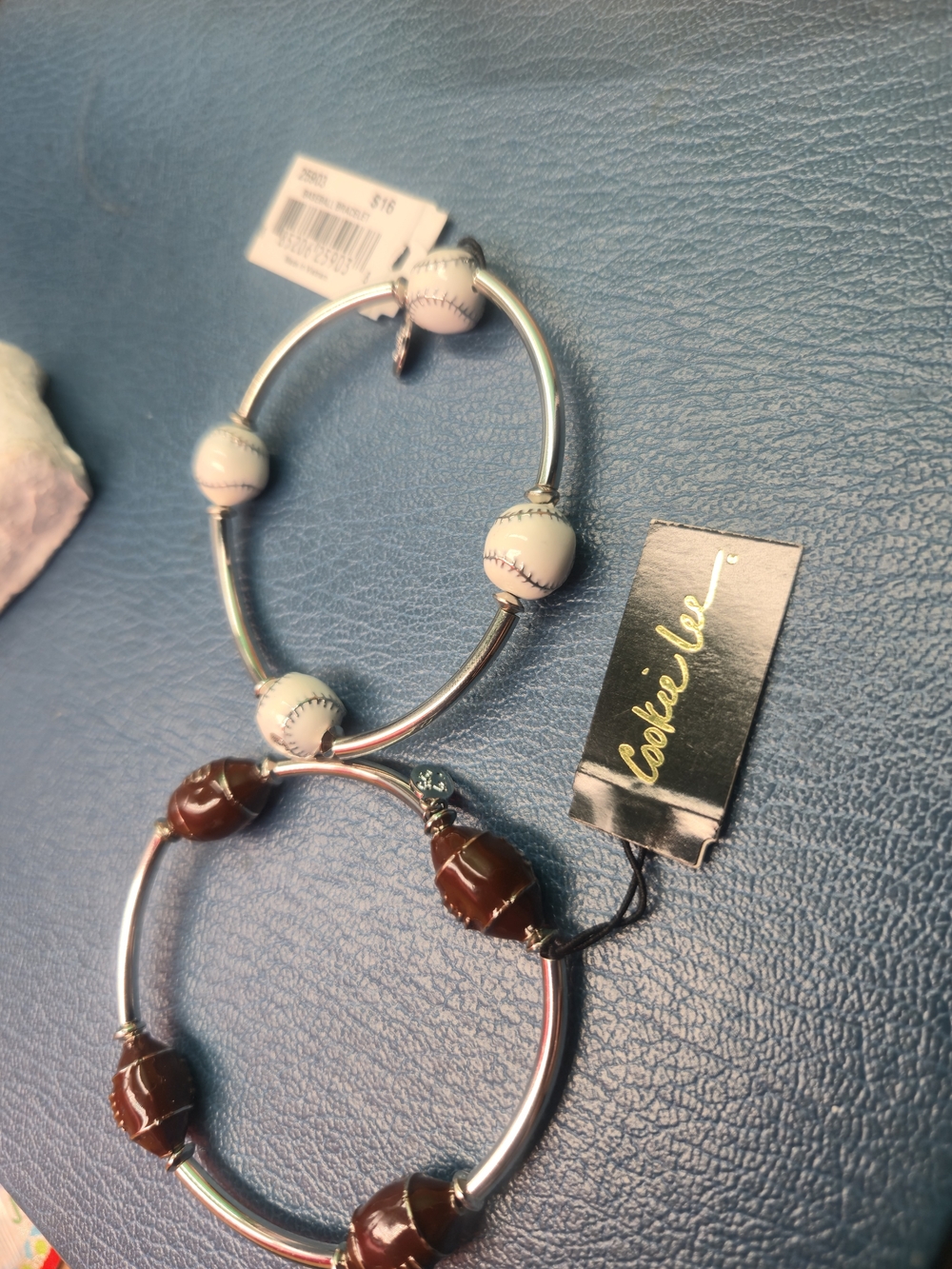 Cookie Lee Beaded Baseball & Football Bracelet Set - White and Brown